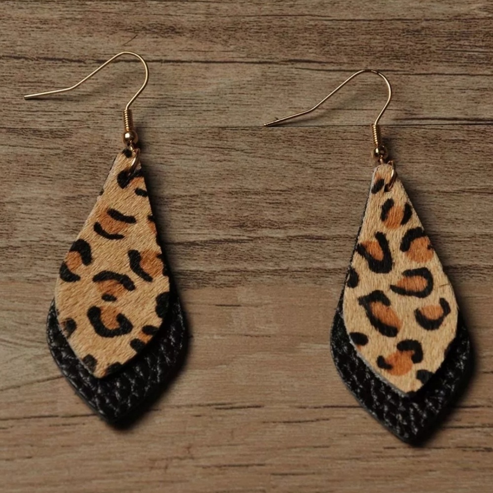 Boho Leopard Print Leather Earrings Dangle Leaf